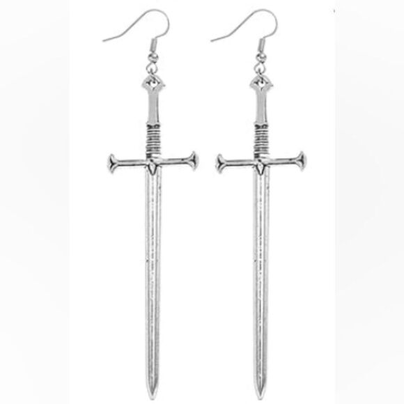 NEW Swords Silver Metal Fish Hooks Dangling Earrings Goth - Picture 2 of 4